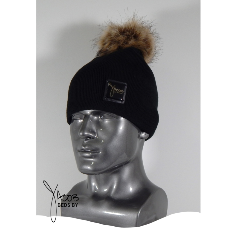 BLACK BEANIE HAT with Tan / Black Fox faux fur Pom