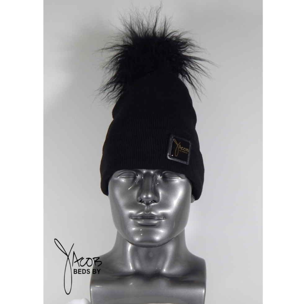BLACK STOCKING HAT with Black Tibetan faux Fur Pom