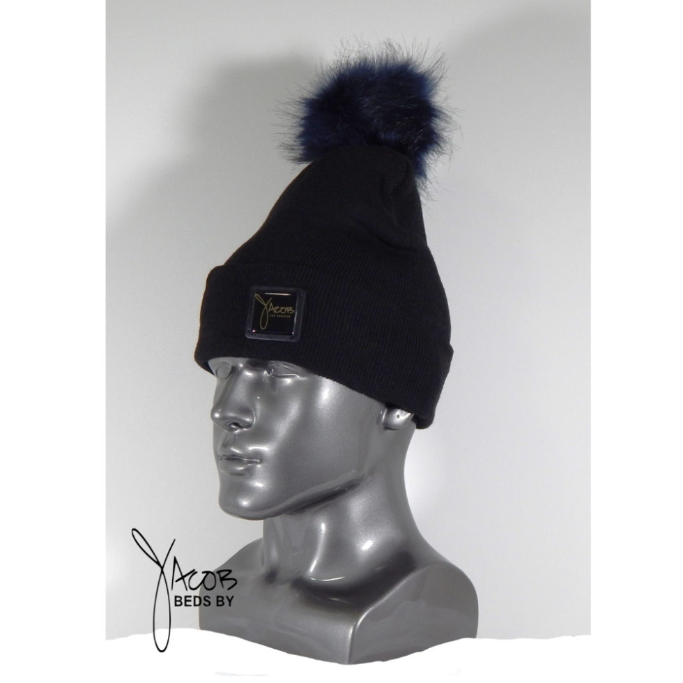 BLACK STOCKING HAT with Blue / Black Fox faux fur Pom