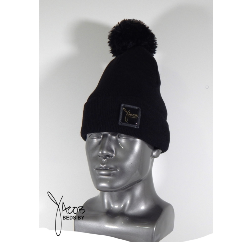 BLACK STOCKING HAT with Black Short Faux Fur Pom