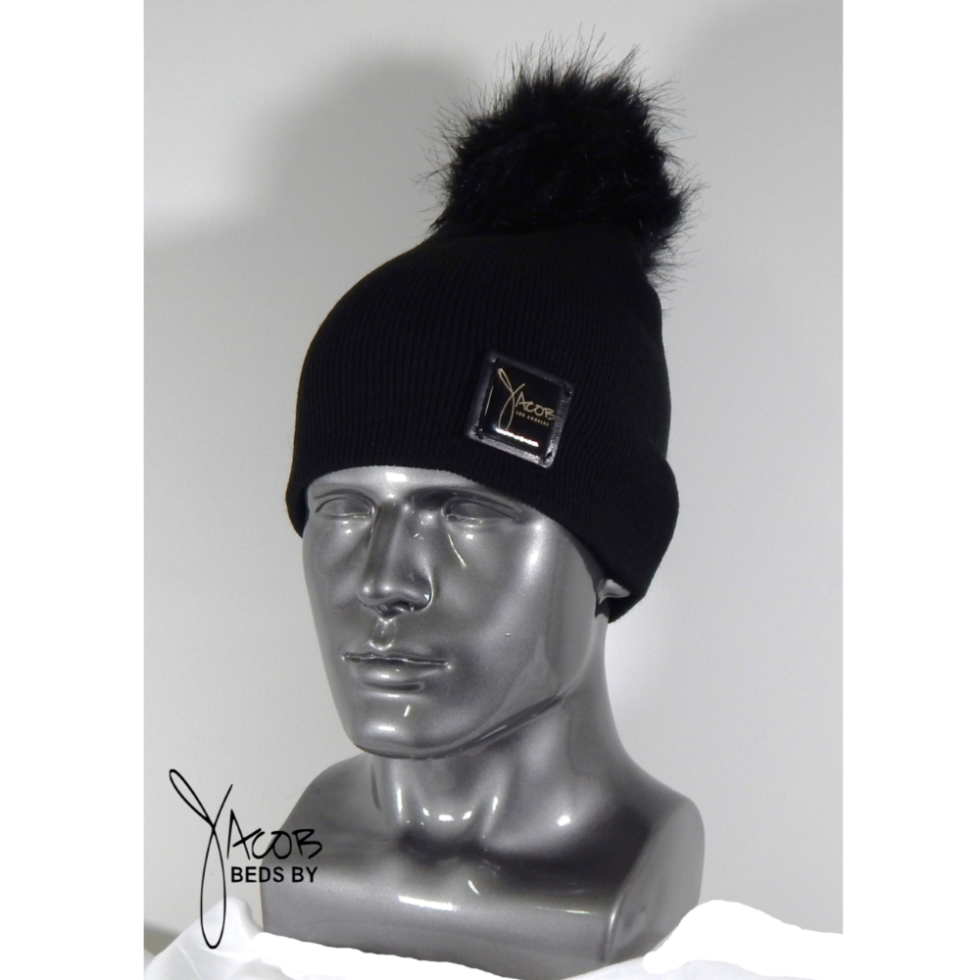 BLACK BEANIE HAT with Black Fox faux fur Pom