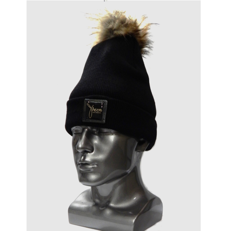 BLACK STOCKING HAT with Tan / Black Fox faux fur Pom